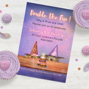 Double the Fun twins birthday invitation INSTANT DOWNLOAD funny cat characters watercolor party invite for any age edit in Canva