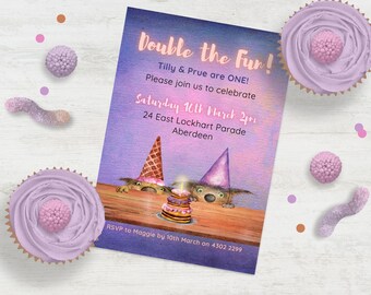 Double the Fun twins birthday invitation INSTANT DOWNLOAD funny cat characters watercolor party invite for any age edit in Canva