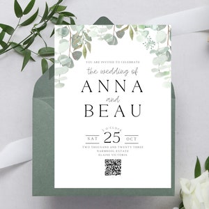 Modern QR code Wedding Invitation INSTANT DOWNLOAD minimal invite watercolour greenery eucalyptus editable canva template #Anna