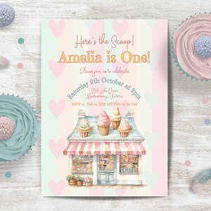 Ice Cream Party Invitation, INSTANT DOWNLOAD, here&#39;s the scoop, girl turning 1, 1st party invite, one scoop of fun, first birthday party