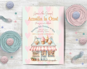 Ice Cream Party Invitation, INSTANT DOWNLOAD, here's the scoop, girl turning 1, 1st party invite, one scoop of fun, first birthday party
