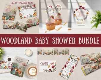 Paquete Woodland Baby Shower, DESCARGA INSTANTE, zorro, ciervo, pájaros, boho floral género neutro, plantilla editable, baby shower tema bosque