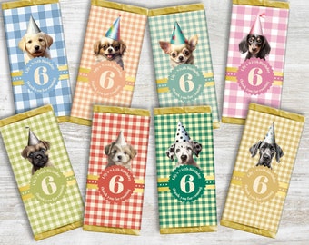 Hond chocolade wrappers, INSTANT DOWNLOAD, afdrukbare chocolade wraps, bewerkbare chocoladereep wrapper, Dog Pawty, ELKE leeftijd!