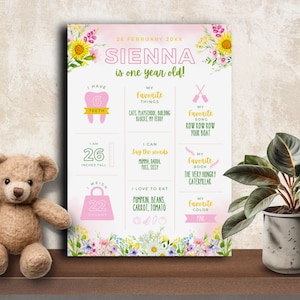 Modèle d'étape du premier anniversaire, TÉLÉCHARGEMENT INSTANTANÉ, jalon de bébé de fleurs sauvages, souvenir du 1er anniversaire, carte mémoire imprimable, fille un