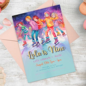 Eislaufen Geburtstagseinladung, INSTANT DOWNLOAD, Schlittschuhe Party einladen, Einladung, Pink Skating Party, bearbeitbare Vorlage