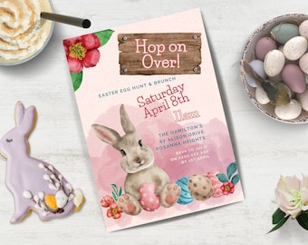 Hop on Over, Easter Egg Hunt Invitation INSTANT DOWNLOAD in Canva Easter Brunch cute bunny Invite ,edit, downloadable printable