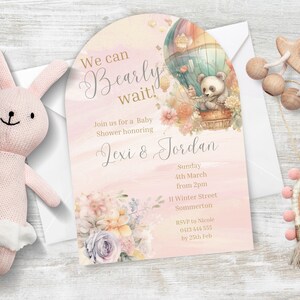 We kunnen Bearly Wait Baby Shower uitnodiging INSTANT DOWNLOAD gemder neutraal boho thema Hot Air Balloon & Bear baby shower uitnodiging canva