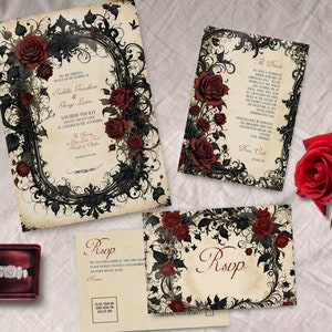 May include: A set of wedding invitations with a gothic theme. The invitations feature black and white floral designs with red roses. The text on the invitations reads "The Wedding of" and "Natasha & George".