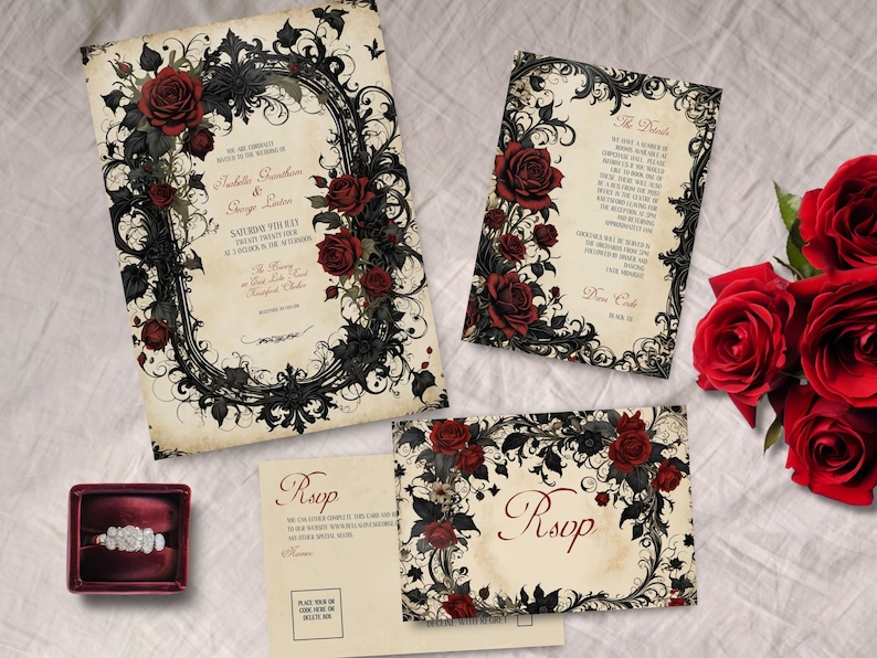 May include: A set of wedding invitations with a gothic theme. The invitations feature black and white floral designs with red roses. The text on the invitations reads "The Wedding of" and "Natasha & George".