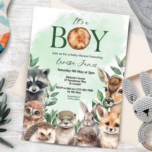 Woodland Baby Shower Invitation, INSTANT DOWNLOAD, EDITABLE, Baby Boy, Woodland animals invitations, Woodland Theme Invites Template