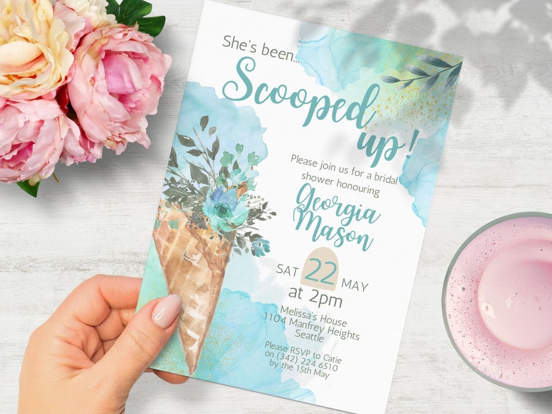 Teal Floral Scooped up Bridal Shower Invitation INSTANT DOWNLOAD Canva