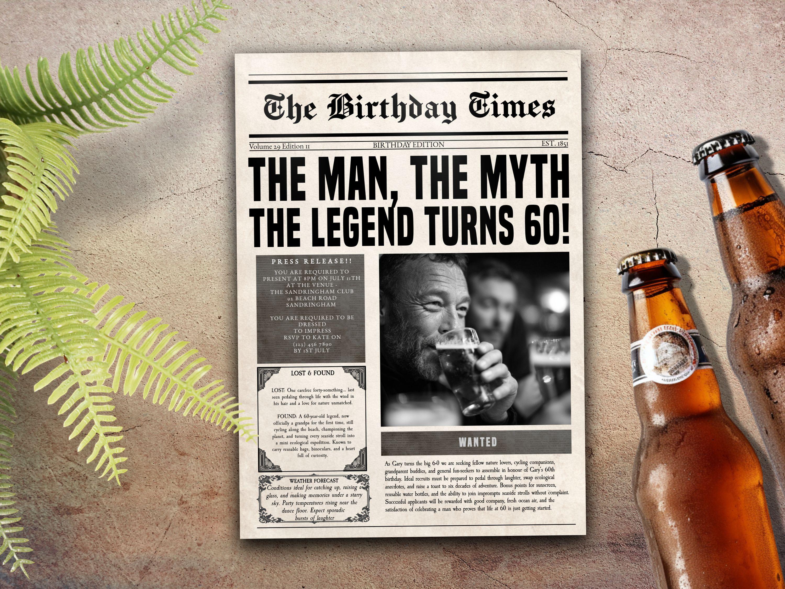 Mens 60th Birthday Invitation, INSTANT DOWNLOAD 60th, Newspaper