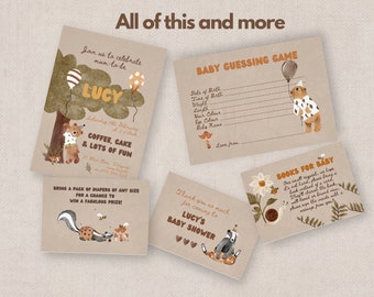 Pacchetto Baby Shower Woodland DOWNLOAD IMMEDIATO Simpatico orso e altri animali, modello modificabile