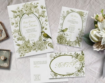 Faire-part de mariage chinois, TÉLÉCHARGEMENT IMMÉDIAT, invitation florale verte en porcelaine, Chine, toile française, imprimable modifiable, mariage de verdure