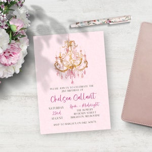 Elegante invitación minimalista de cumpleaños número 21 DESCARGA INSTANTÁNEA Plantilla Canva minimalista, rosa y dorada editable para cualquier edad