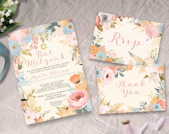 Bat Mitzvah Invitation bundle, INSTANT DOWNLOAD, Floral Bat Mitzvah, Star of David, Bat Mitzvah invite, botanical, Jewish Invitation suite