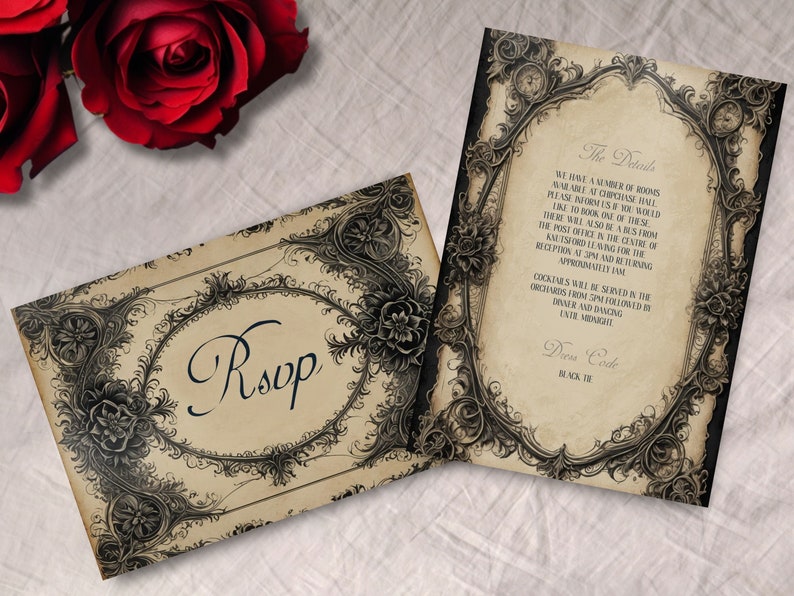May include: Two vintage-style wedding invitation cards with ornate black and white floral designs. The card on the left says "RSVP" and the card on the right has details about the wedding, including the dress code: "Black Tie".