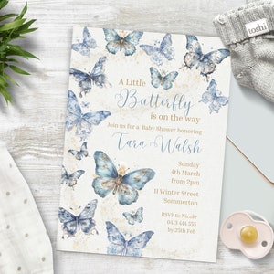 A Little Butterfly is on the way Baby Shower Invitation INSTANT DOWNLOAD Blue Chinoiserie Butterflies Baby Shower CANVA template