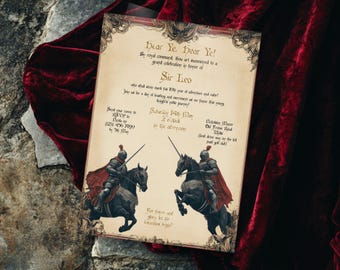 Medieval Birthday Party Invite, INSTANT DOWNLOAD, Fantasy Invite for boy, Renfaire Birthday, Medieval Feast, Knights Party, any age, Gold