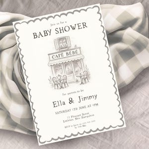 Café Bébé Baby Shower Invite, INSTANT DOWNLOAD, hand-drawn doodle invite, cafe bebe invitation, baby shower brunch, couples shower, neutral