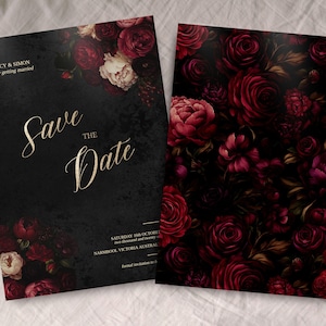 May include: Save the date wedding invitation with a black background and burgundy floral design. The text reads "Lucy & Simon are getting married. Save the Date. Saturday 10th October two thousand and twenty two. Narmbock, Victoria Australia."