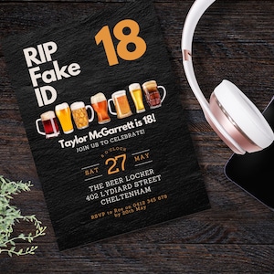 RIP fake id 18th Birthday Invitation INSTANT DOWNLOAD Canva Template Beers Cheers to 18 male party invite age can be changed