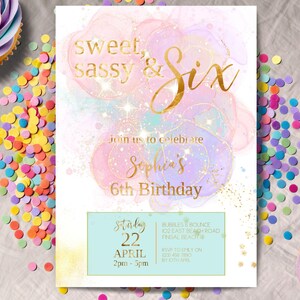Sweet Sassy & Six verjaardagsuitnodiging, INSTANT DOWNLOAD, she's so sweet invite, 6e verjaardag meisje, 6e verjaardag, pastel, roze, bladgoud
