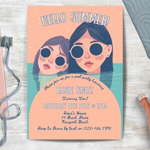 Pool Party Invite, INSTANT DOWNLOAD, Modern, Minimal, Girl&#39;s 10th Birthday Invitation, Hello Summer, Pool Party Invitation, retro party