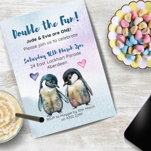 Double the Fun twins birthday invitation INSTANT DOWNLOAD cute penguins watercolor party invite for any age edit in Canva
