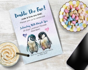 Double the Fun twins birthday invitation INSTANT DOWNLOAD cute penguins watercolor party invite for any age edit in Canva