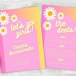 Let&#39;s Go Girls Bachelorette Destination Itinerary INSTANT DOWNLOAD Canva Template, Hen&#39;s Do, Hens Weekend, She&#39;s a Bach, retro invitation