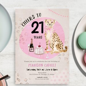 Hello Twenty One invitation, INSTANT DOWNLOAD, pink cheetah invite, Modern 21st, tropical 21st, girls 21st, hand drawn 21st, fun party vibe
