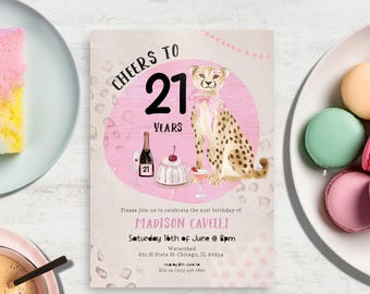 Hello Twenty One invitation, INSTANT DOWNLOAD, pink cheetah invite, Modern 21st, tropical 21st, girls 21st, hand drawn 21st, fun party vibe