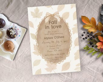 Fall in Love Bridal Shower Invitation, INSTANT DOWNLOADS,  Autumn Leaf Bridal Shower Invite, Boho, Rustic, coquette bow, hand drawn invite