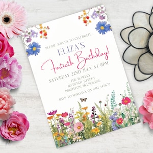 Dames 40e verjaardag uitnodigen, INSTANT DOWNLOAD, Wildflower uitnodiging, verrassing veertigste, tuinfeest, cocktails, afdrukbare bewerkbare digitale