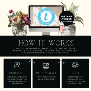 May include: A black and white graphic showing how to use the Templett online program to edit and personalize designs. The graphic shows three steps: purchase, personalize, and print. The graphic also includes the text "Edit with Templett" and "Instant Access with Templett".