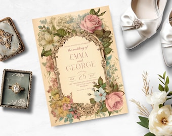 Viktorianische Hochzeitseinladung, SOFORTIGER DOWNLOAD, viktorianisches Blumenmuster, Vintage-Einladung, Art Deco, Hochzeit im viktorianischen Stil, in Canva bearbeitet