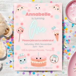 Invito di compleanno Kawaii Cuties DOWNLOAD immediato completamente modificabile, primo compleanno, festeggiata, festa kawaii, festa chibi, bambina