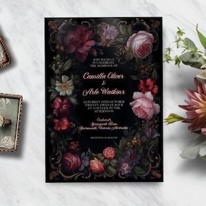 Stimmungsvolle Blumenhochzeitseinladung, dunkle Blumeneinladung, florale Hochzeitseinladung, botanische, königliche, barocke, viktorianische, klassische Einladung