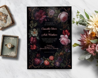 Moody floral wedding invitation, INSTANT DOWNLOAD, dark floral invite, botanical, regency, baroque, victorian, Old English, classical invite