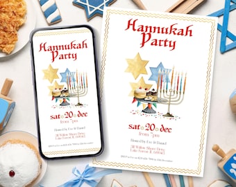 Könnte beinhalten: Ein Bild mit einer Einladung zu einer Chanukka-Party auf einem Smartphone und einer gedruckten Karte. Die Einladung zeigt den Text "Hannukah Party" mit Illustrationen einer Menora, Sternen und Desserts. Das Datum ist der 20. Dezember.