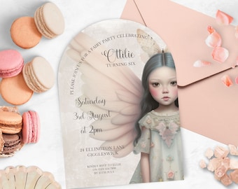 Whimsical Fairy, Girl sixth birthday invitation, INSTANT DOWNLOAD canva template, beautiful old fashioned Victorian style faery, 6th party