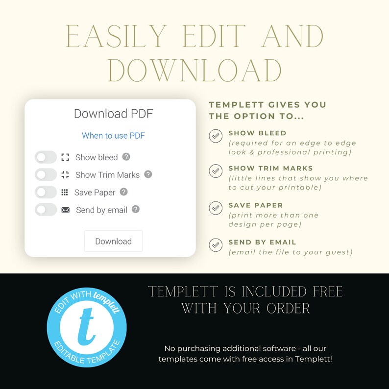 May include: A graphic illustrating the features of Templett, a digital design platform. The graphic displays a white box with the text "Download PDF" and a list of options: "Show bleed", "Show Trim Marks", "Save Paper", and "Send by email". The graphic also displays a white box with the text "Templett gives you the option to..." and a list of options: "Show bleed", "Show Trim Marks", "Save Paper", and "Send by email". The graphic also displays a logo for Templett, which is a white "t" inside a circle with the text "Edit with Templett Editable Template". The graphic also includes the text "Templett is included free with your order" and "No purchasing additional software - all our templates come with free access in Templett!"