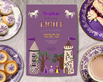 Può includere: Invito viola con lettere dorate per l'ottavo compleanno di Sophie. L'invito presenta un unicorno, un castello e un albero. La festa è sabato 11 luglio dalle 14:00 alle 16:00 in Castle Drive 22, Forest Hill.