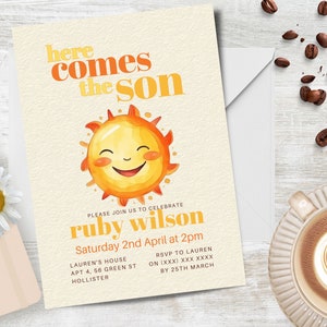 Here comes the son baby shower invite, NSTANT DOWNLOAD A little ray of sunshine, baby boy shower invitation, canva template