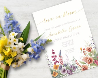 Inbjudan till bruddusch med kärlek i blom, direkt nedladdning, brudduschinbjudan med vildblommor, redigerbar mall för bruddusch med blommor