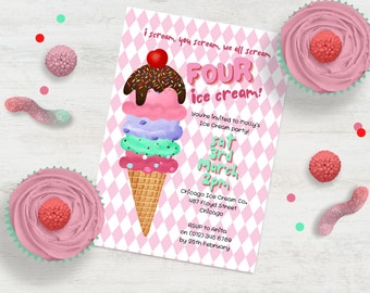 Ik schreeuw VIER ijs meisje ijs verjaardagsfeestje uitnodiging INSTANT DOWNLOAD hier is de Scoop verjaardagsfeestje uitnodiging Canva sjabloon