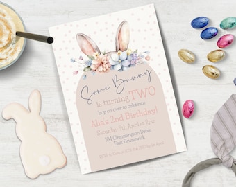 Some Bunny is Turning Two party invite INSTANT DOWNLOAD cute boho floral rabbit ears hop on over second birthday invitation Canva template