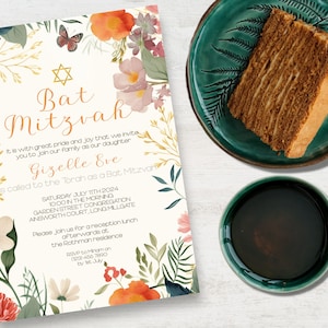 Bat Mitzvah Invitation, INSTANT DOWNLOAD, Floral Bat Mitzvah, Star of David, Bat Mitzvah invite, botanical Bat Mitzvah, Jewish Invitation