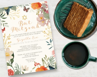 Bat Mitzvah Invitation, INSTANT DOWNLOAD, Floral Bat Mitzvah, Star of David, Bat Mitzvah invite, botanical Bat Mitzvah, Jewish Invitation